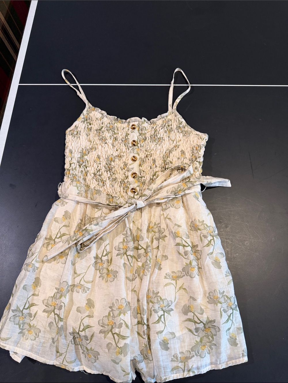 Lulu's Cream Floral Smocked Romper with Tie Waist